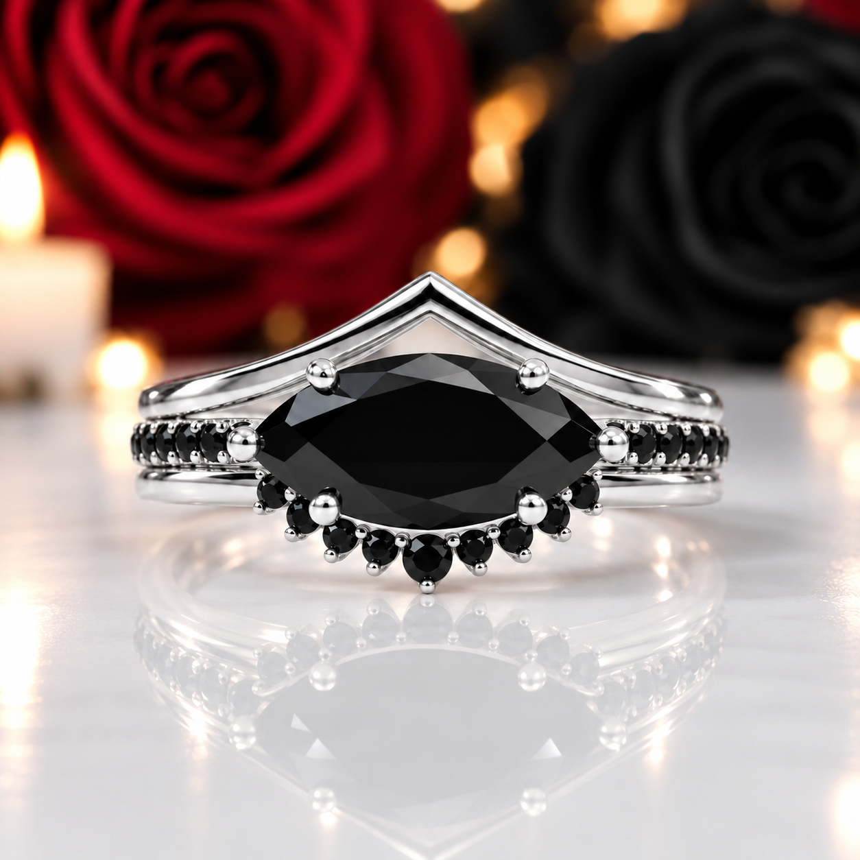 Beautiful In My Eyes- Black Diamond Option Marquise Cut 14K White Gold Gothic Wedding Ring-Black Diamonds New York