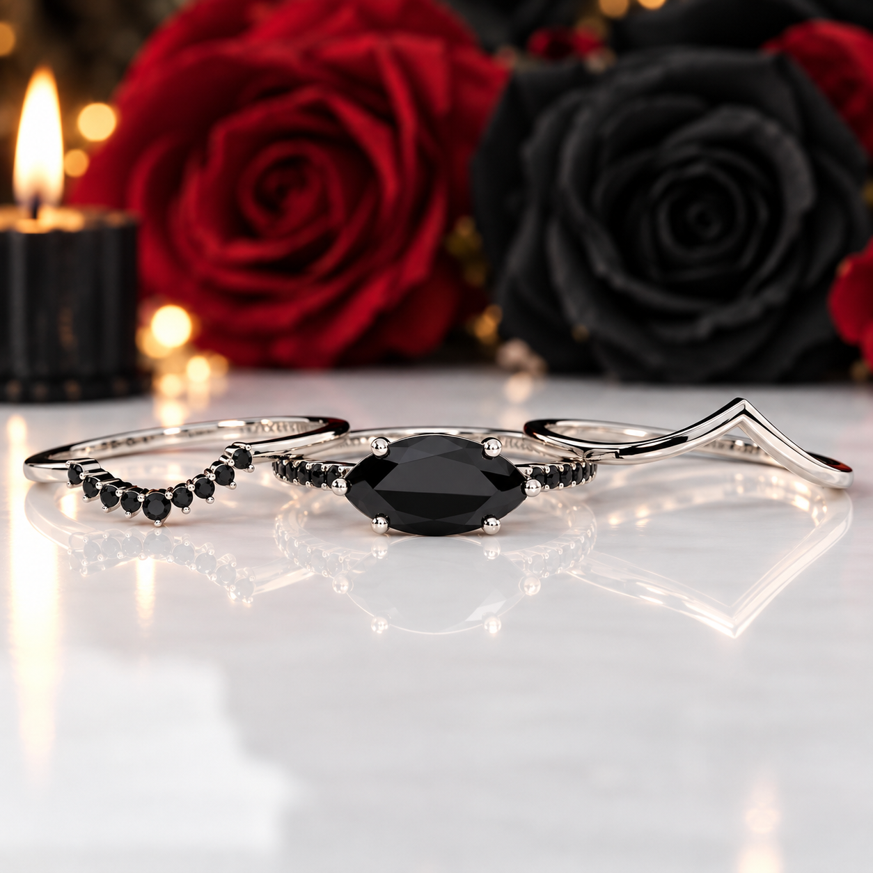Beautiful In My Eyes- Black Diamond Option Marquise Cut 14K White Gold Gothic Wedding Ring-Black Diamonds New York