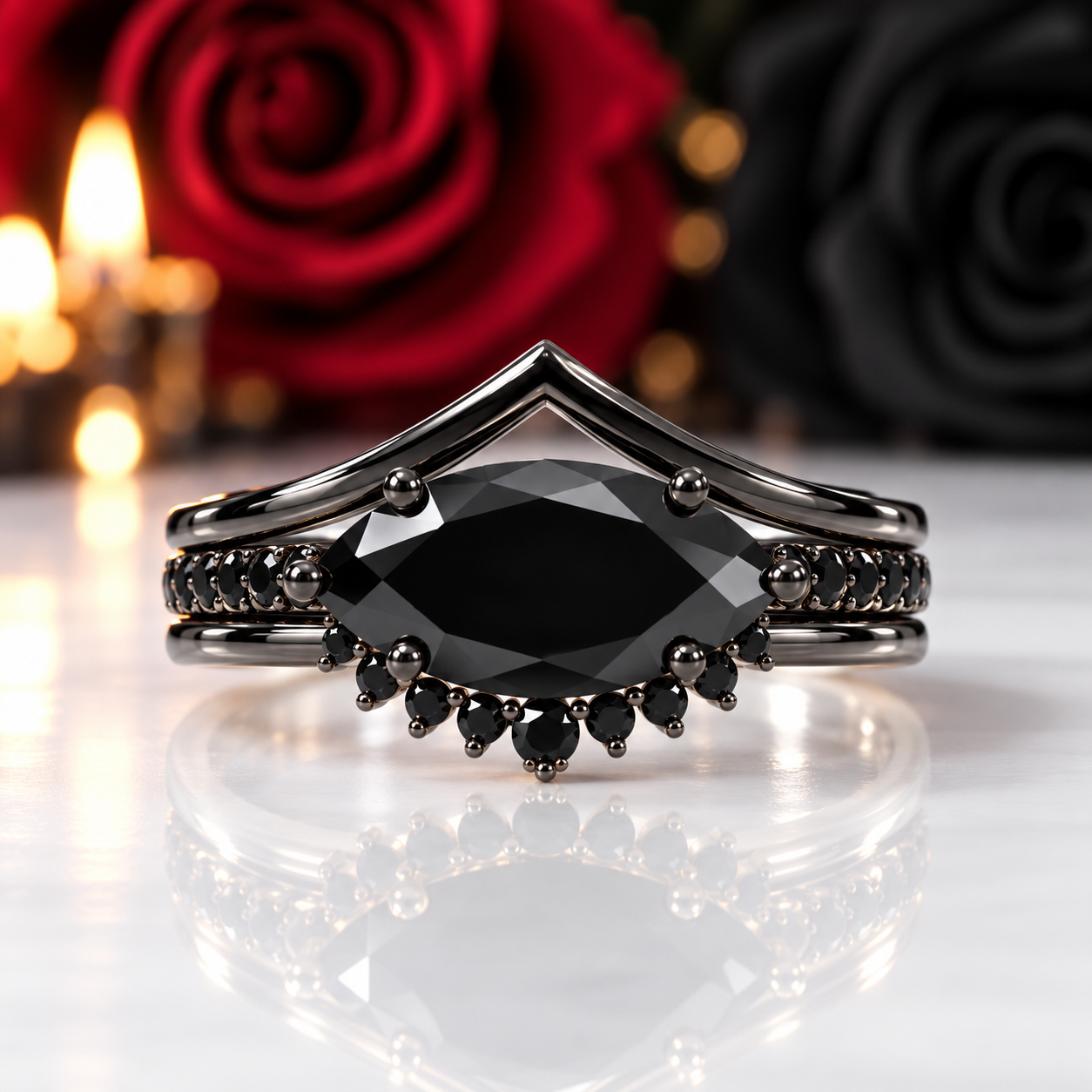 Beautiful In My Eyes- Black Diamond Option Marquise Cut 14K White Gold Gothic Wedding Ring-Black Diamonds New York