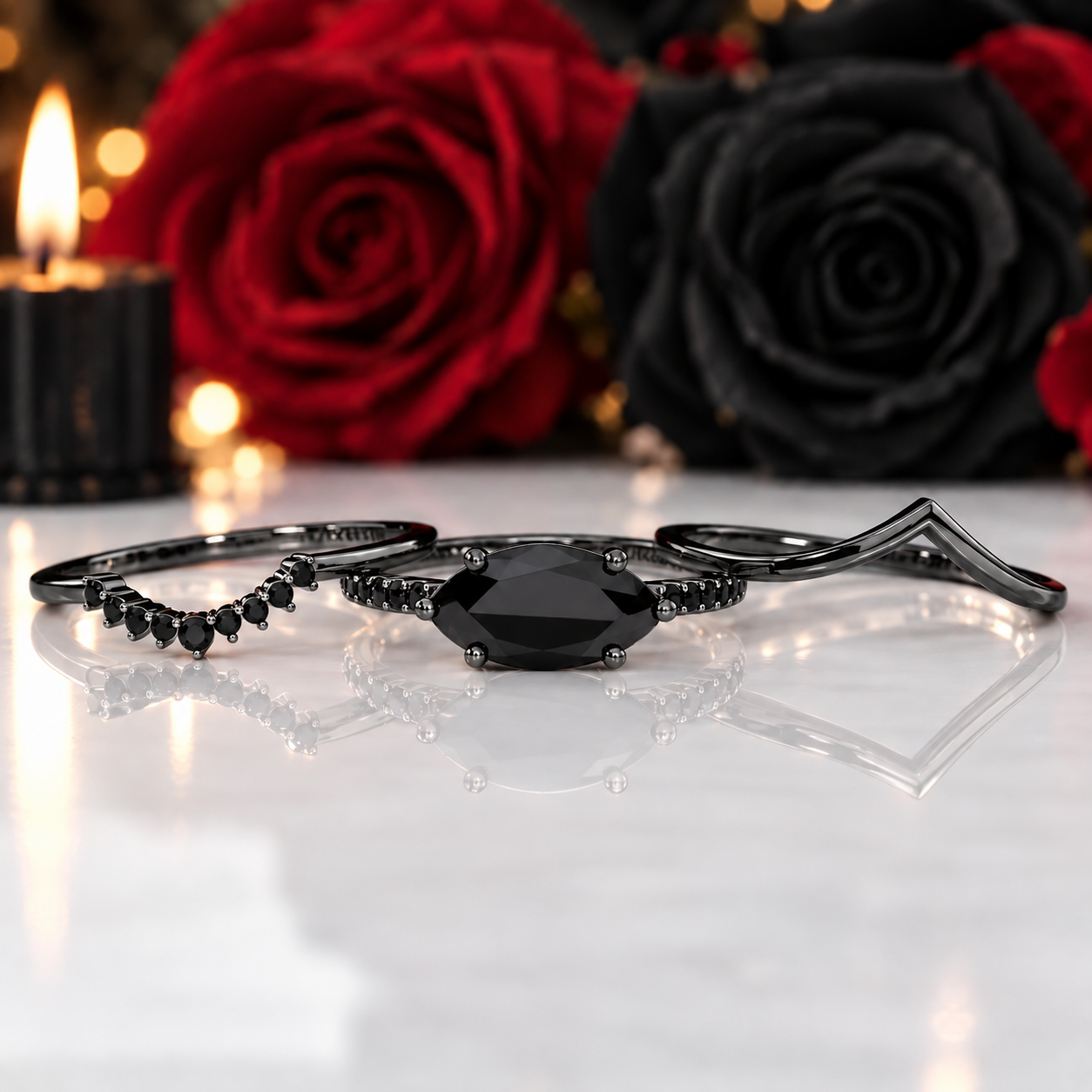 Beautiful In My Eyes- Black Diamond Option Marquise Cut 14K White Gold Gothic Wedding Ring-Black Diamonds New York