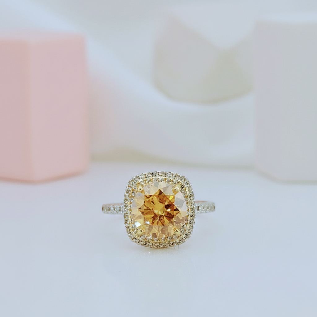 Round Cut 3.0 Ct Yellow Diamond Double Halo Engagement Ring-Black Diamonds New York