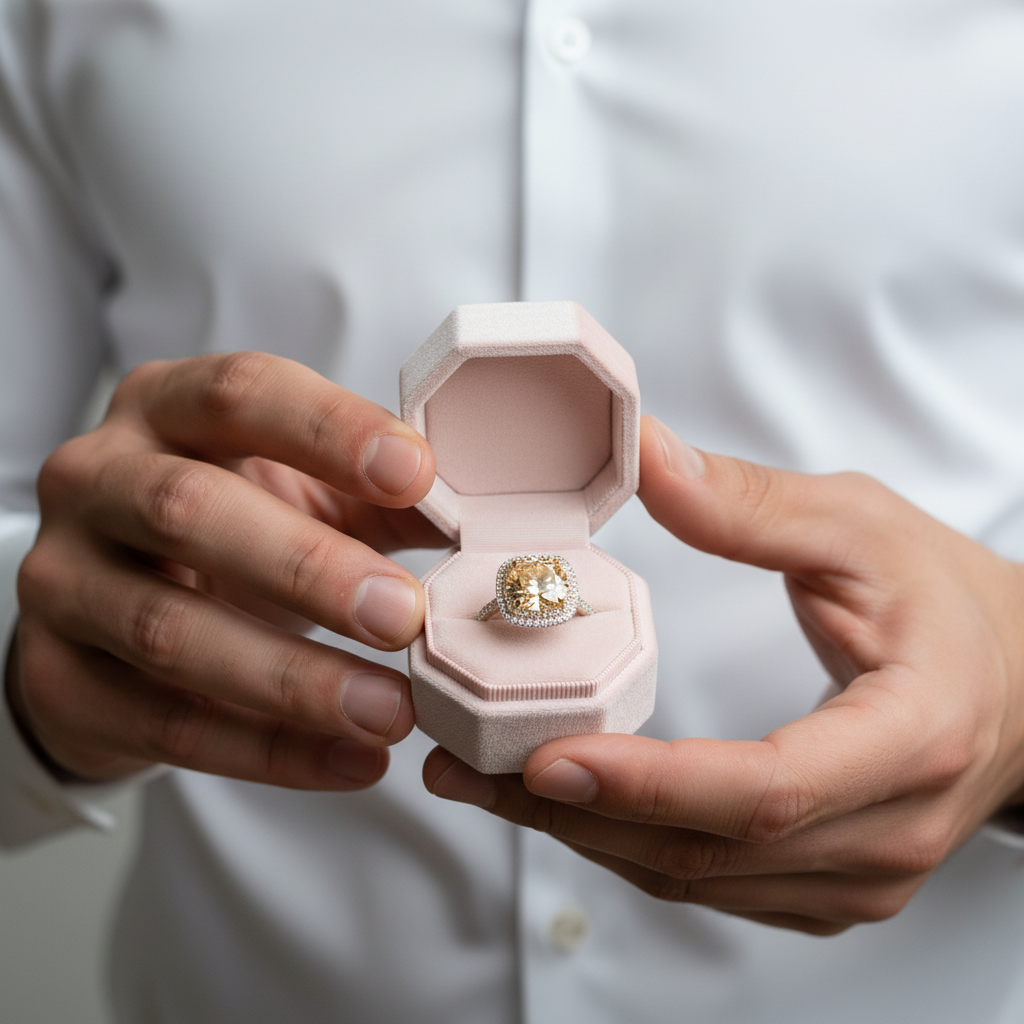 Person holding a pink jewelry box with a diamond ring inside against a white background