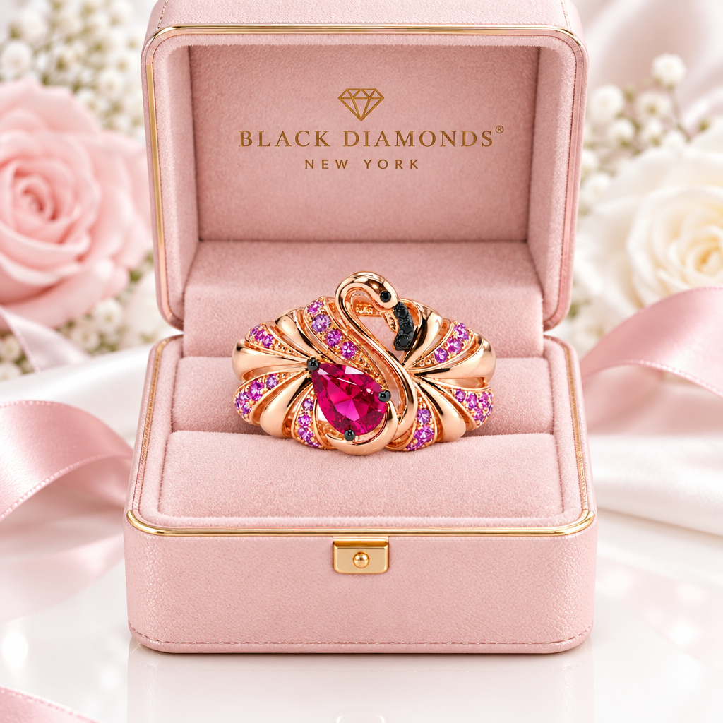 Gorgeous Rose Gold Flamingo Ring-Black Diamonds New York
