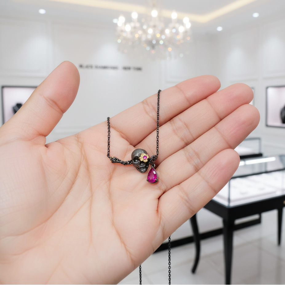 0.9 ct Ruby Gemstone Death Skull Pendant Necklace-Black Diamonds New York