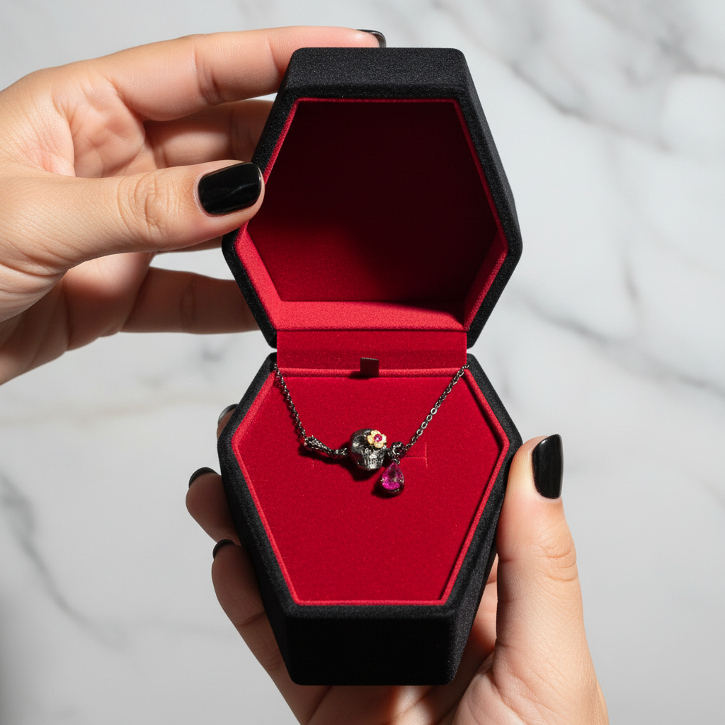 0.9 ct Ruby Gemstone Death Skull Pendant Necklace-Black Diamonds New York