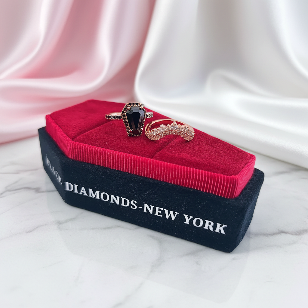 Married Till Buried Personalized Coffin Ring Box-Black Diamonds New York