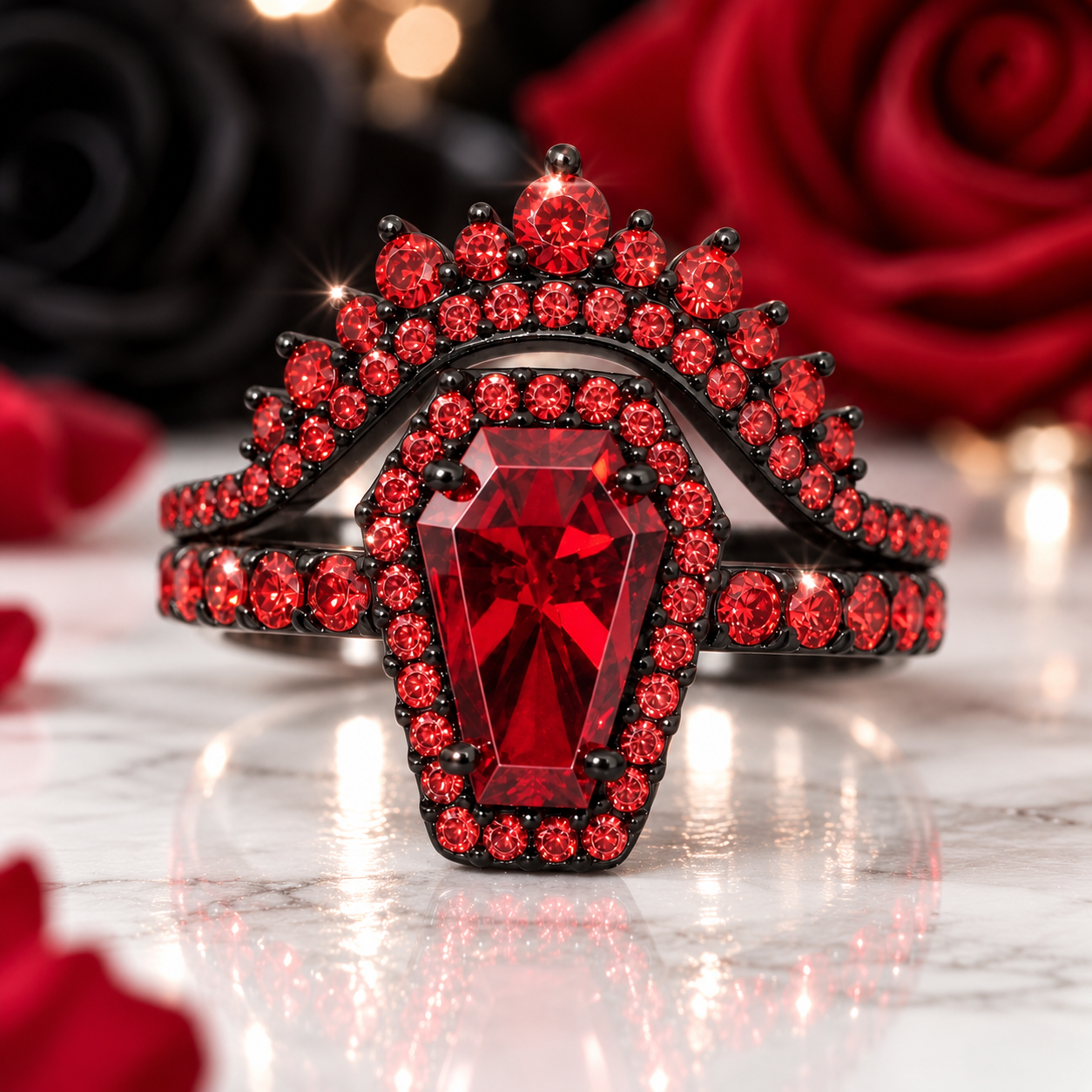 Best Love Rings- Rare Coffin Cut Diamond Option 14k Gold Gothic Ring Set-Black Diamonds New York