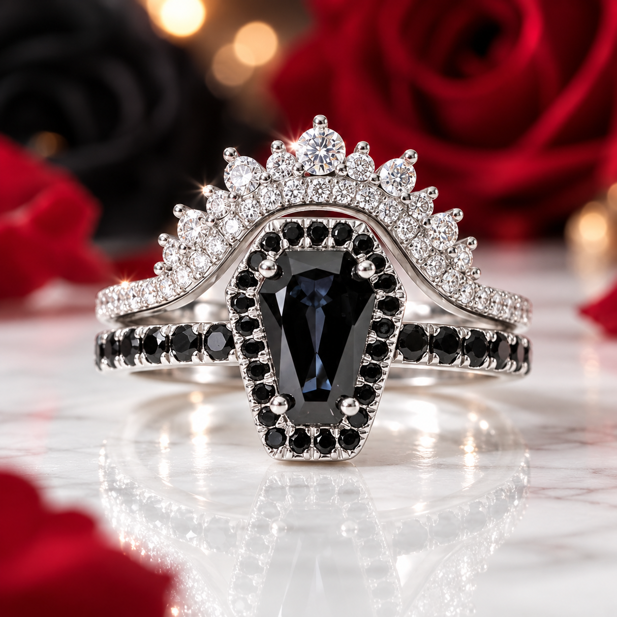 Best Love Rings- Rare Coffin Cut Diamond Option 14k Gold Gothic Ring Set-Black Diamonds New York