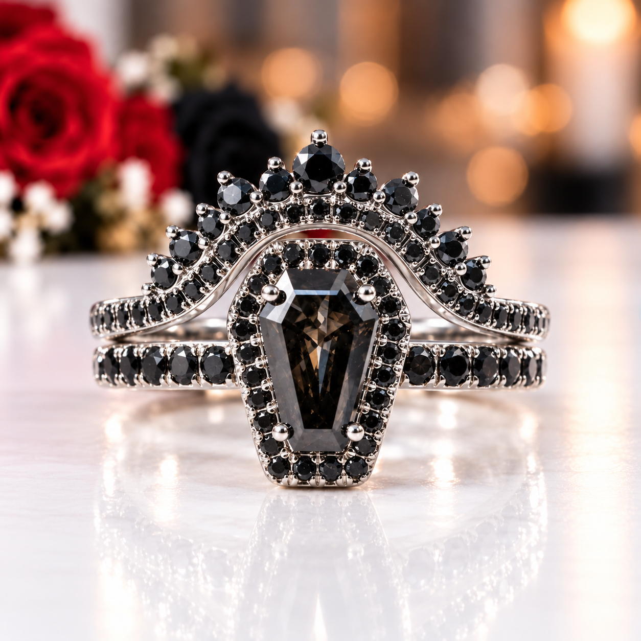 Best Love Rings- Rare Coffin Cut Diamond Option 14k Gold Gothic Ring Set-Black Diamonds New York