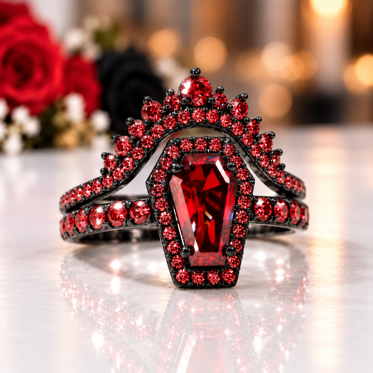 Best Love Rings- Rare Coffin Cut Diamond Option 14k Gold Gothic Ring Set-Black Diamonds New York