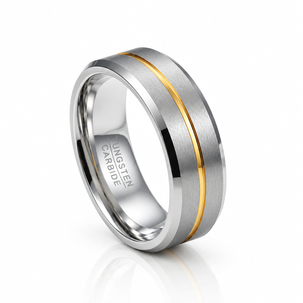 Beveled Edge Tungsten Carbide Men's Ring with Gold Line Inlay-Black Diamonds New York