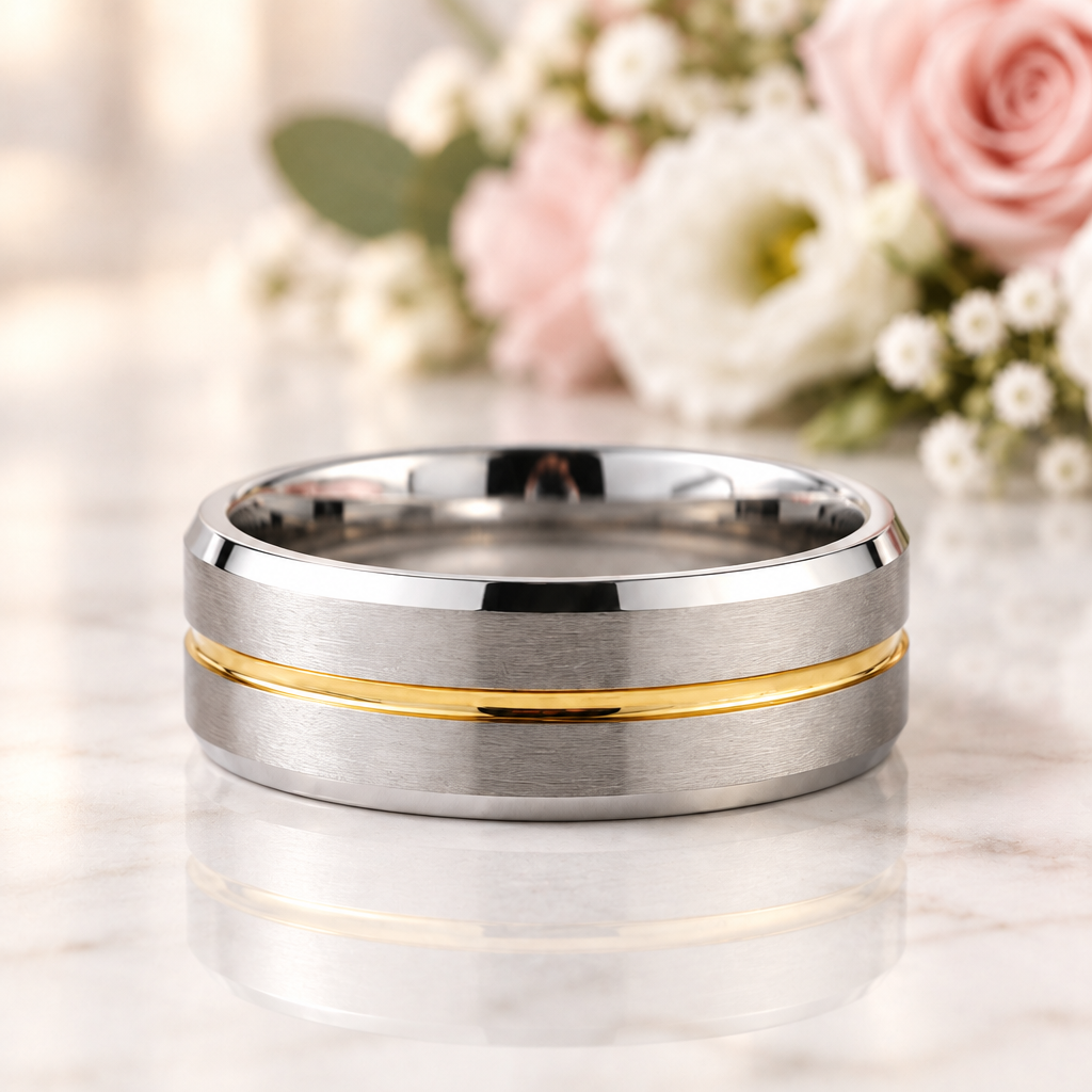 Beveled Edge Tungsten Carbide Men's Ring with Gold Line Inlay-Black Diamonds New York
