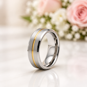 Beveled Edge Tungsten Carbide Men's Ring with Gold Line Inlay-Black Diamonds New York