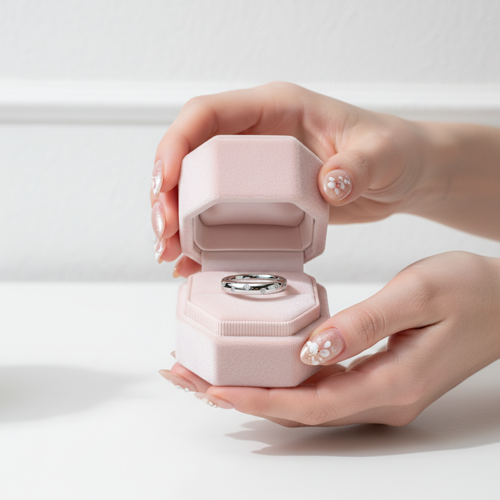 Hand holding a pink jewelry box with a ring inside on a white background