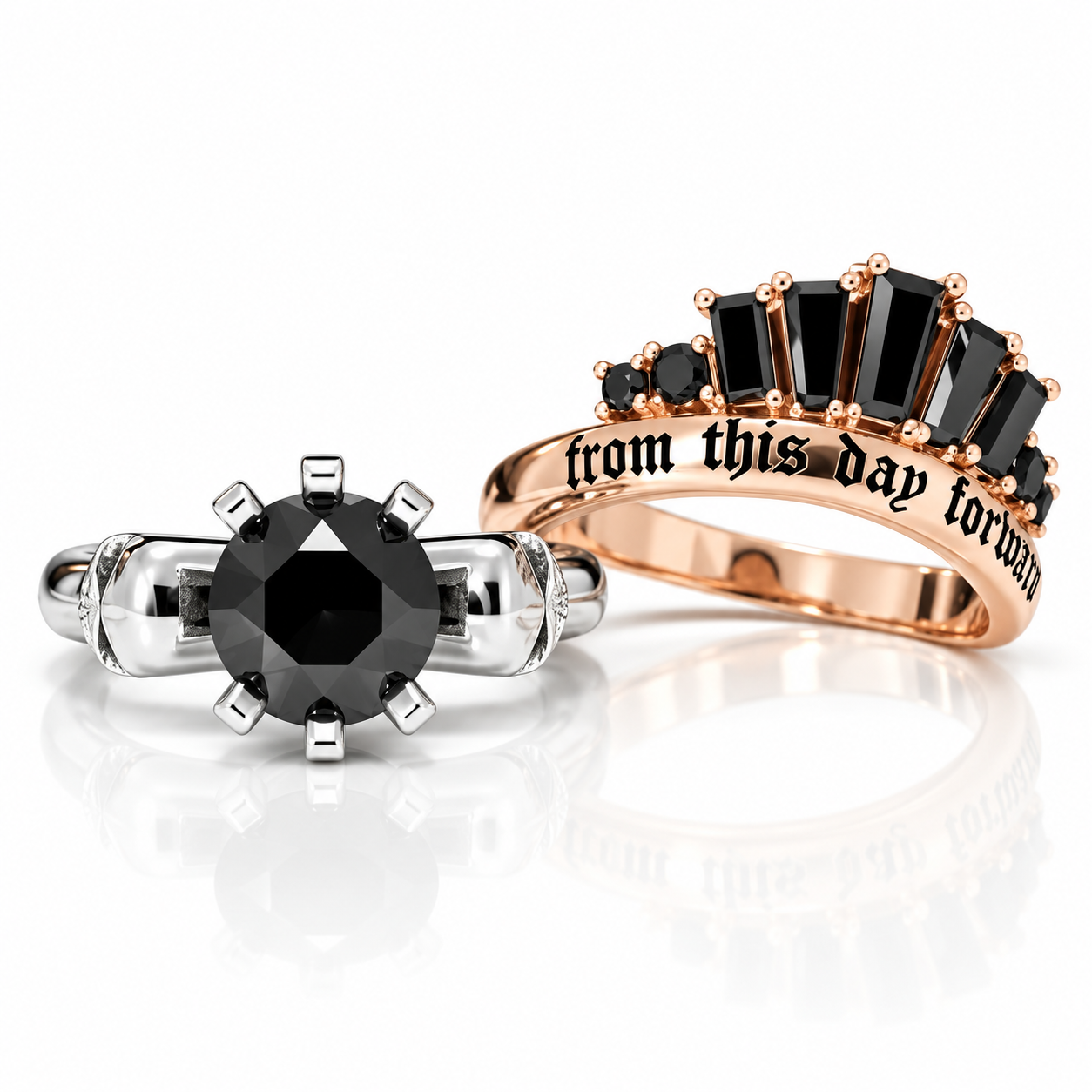 From This Day Forward Wedding Rings - Round Cut Diamond Option Skull Gothic Wedding Rings in 14k White Gold-Black Diamonds New York