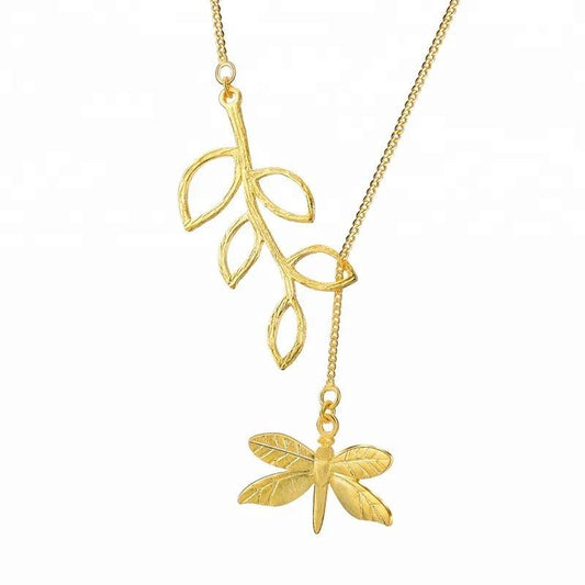 Cute Dragonfly & Leaves Necklace-Black Diamonds New York