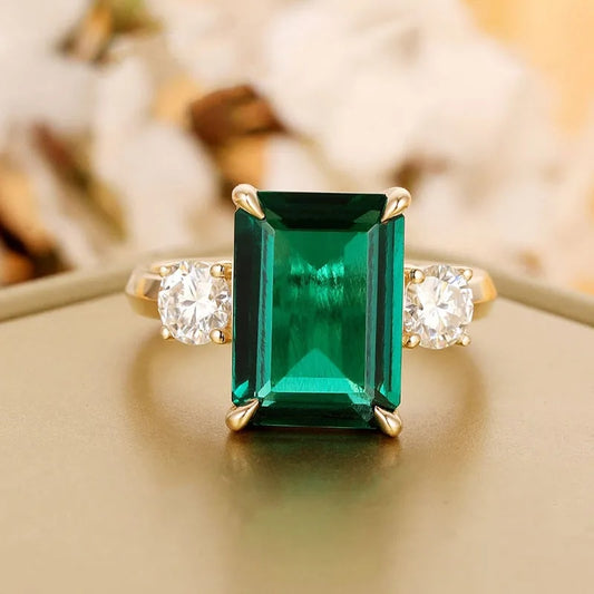Solid 14K Yellow Gold Emerald Cut Engagement Ring with Moissanite Diamond