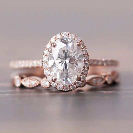 Solid 14K Rose Gold Oval Cut 1.5 Ct Moissanite Halo Engagement Ring Set