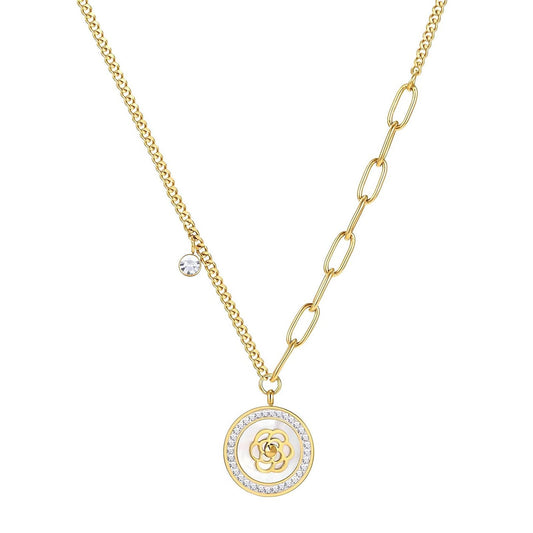 18k Yellow Gold Rose in a Shell Pendant Necklace-Black Diamonds New York