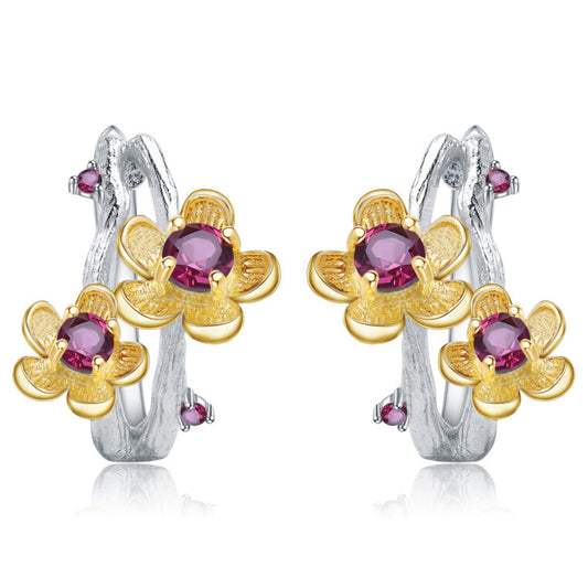 2.14Ct Natural Rhodolite Garnet Flower Ring and Earrings Set-Black Diamonds New York