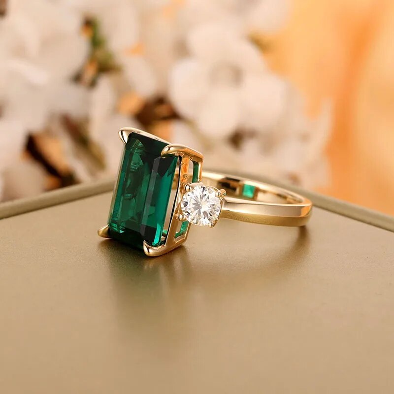 Solid 14K Yellow Gold Emerald Cut Engagement Ring with Moissanite Diamond-Black Diamonds New York