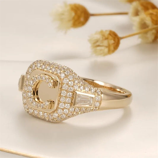 Solid 14K Yellow Gold C Letter Moissanite Women's Engagement Ring
