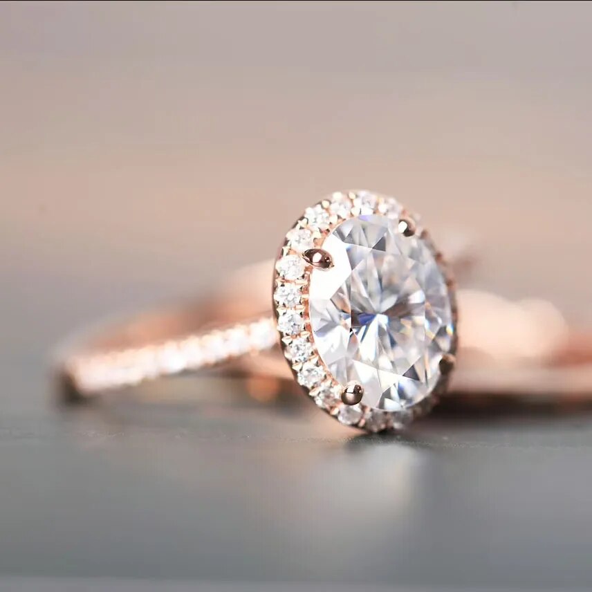 Solid 14K Rose Gold Oval Cut 1.5 Ct Moissanite Halo Engagement Ring Set-Black Diamonds New York