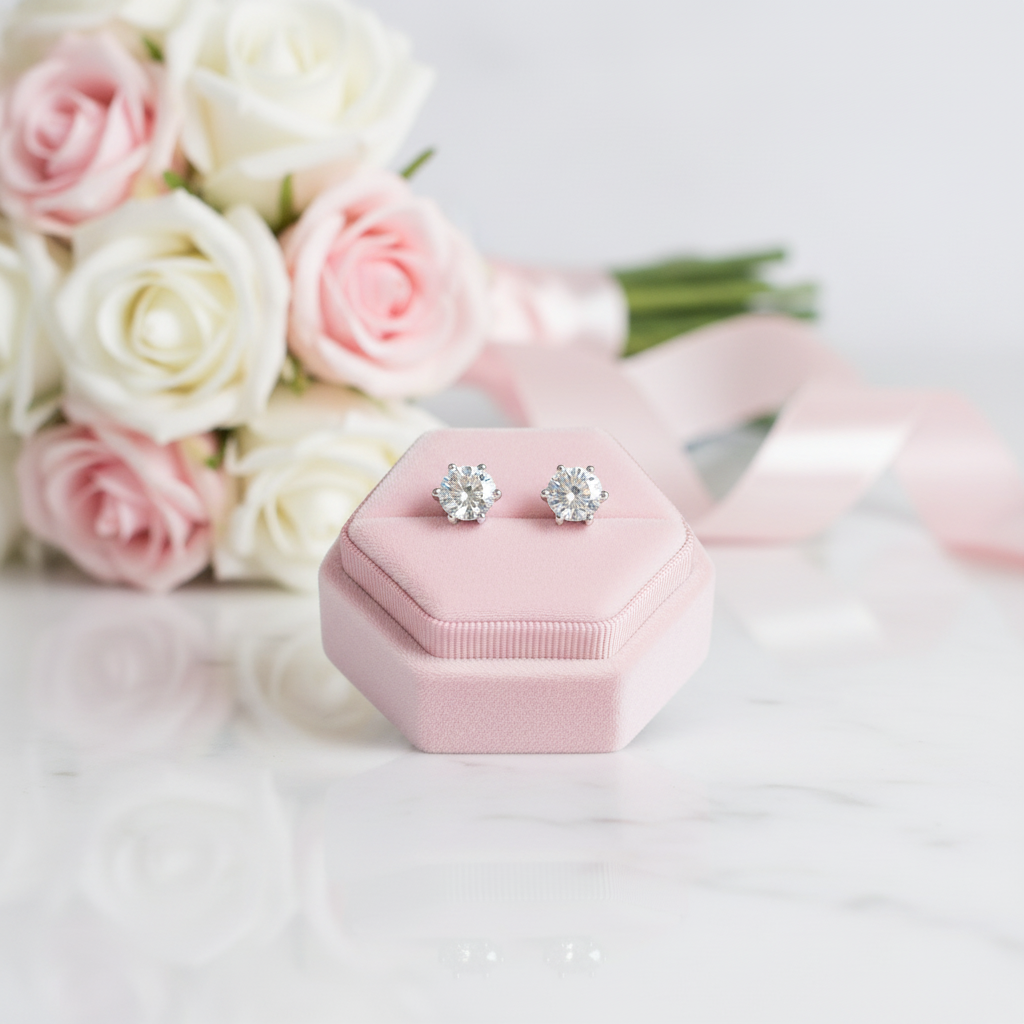 Silver earrings in a pink jewelry box with pink and white roses in the background
