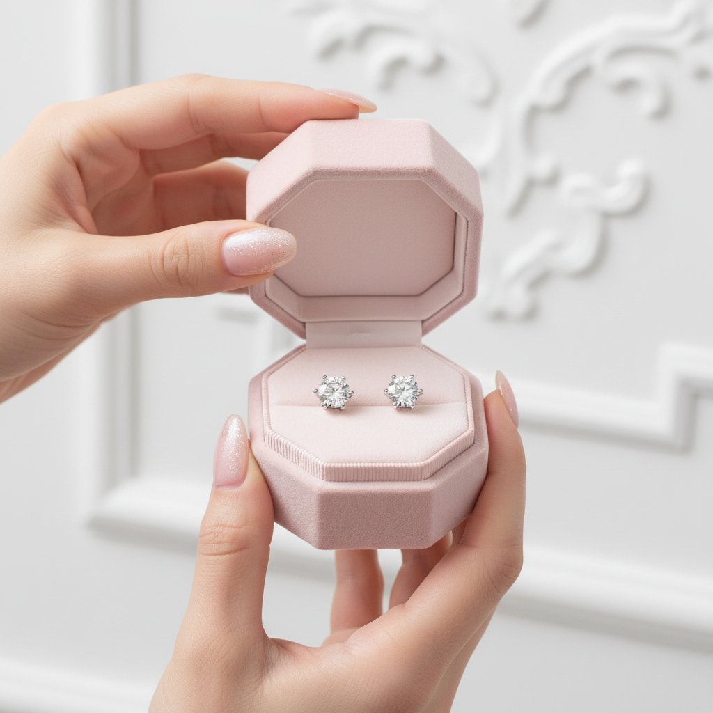 Pink jewelry box with diamond earrings held by a hand against a white background