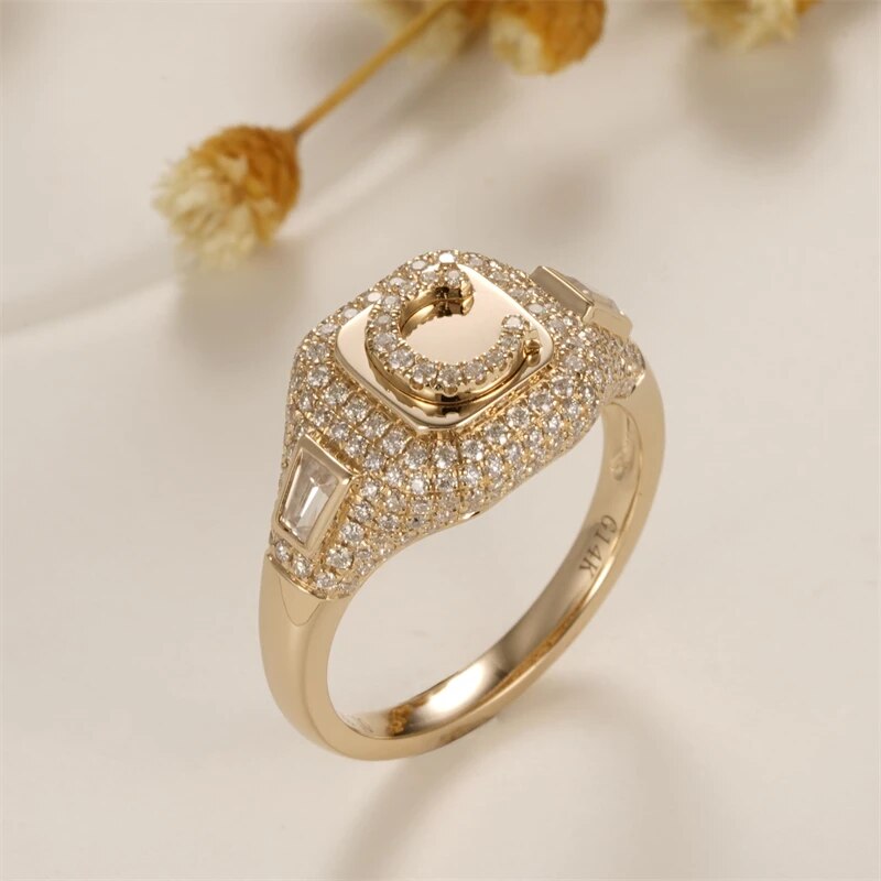 Solid 14K Yellow Gold C Letter Moissanite Women's Engagement Ring-Black Diamonds New York