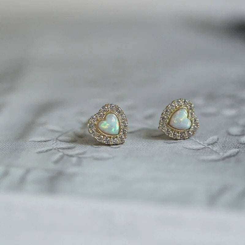 9K Yellow Gold Heart Shaped Opal Stud Earrings-Black Diamonds New York