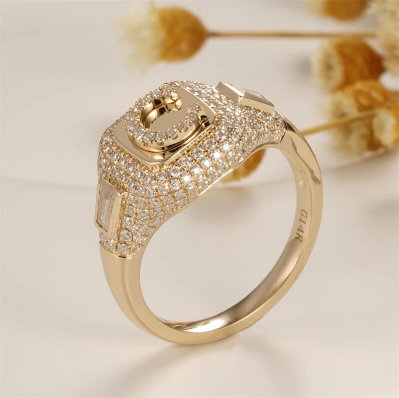 Solid 14K Yellow Gold C Letter Moissanite Women's Engagement Ring-Black Diamonds New York