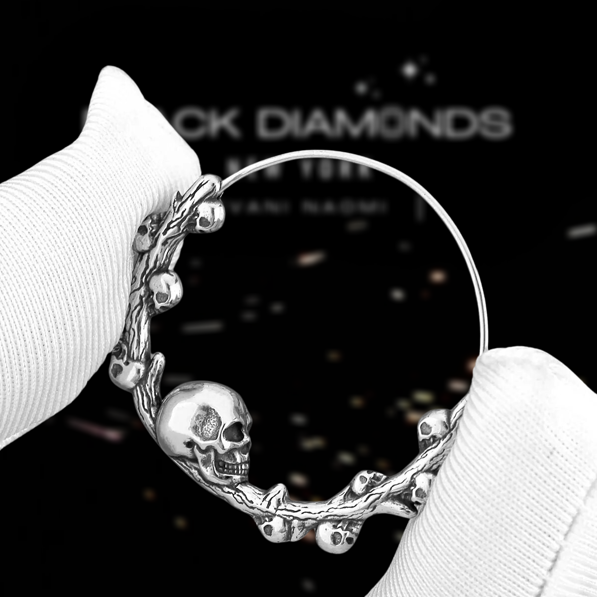 Vintage Stainless Steel Viking Skull Hoop Earrings-Black Diamonds New York