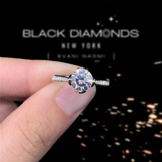 18k White Gold 1.0 Ct Round Moissanite Engagement Ring-Black Diamonds New York