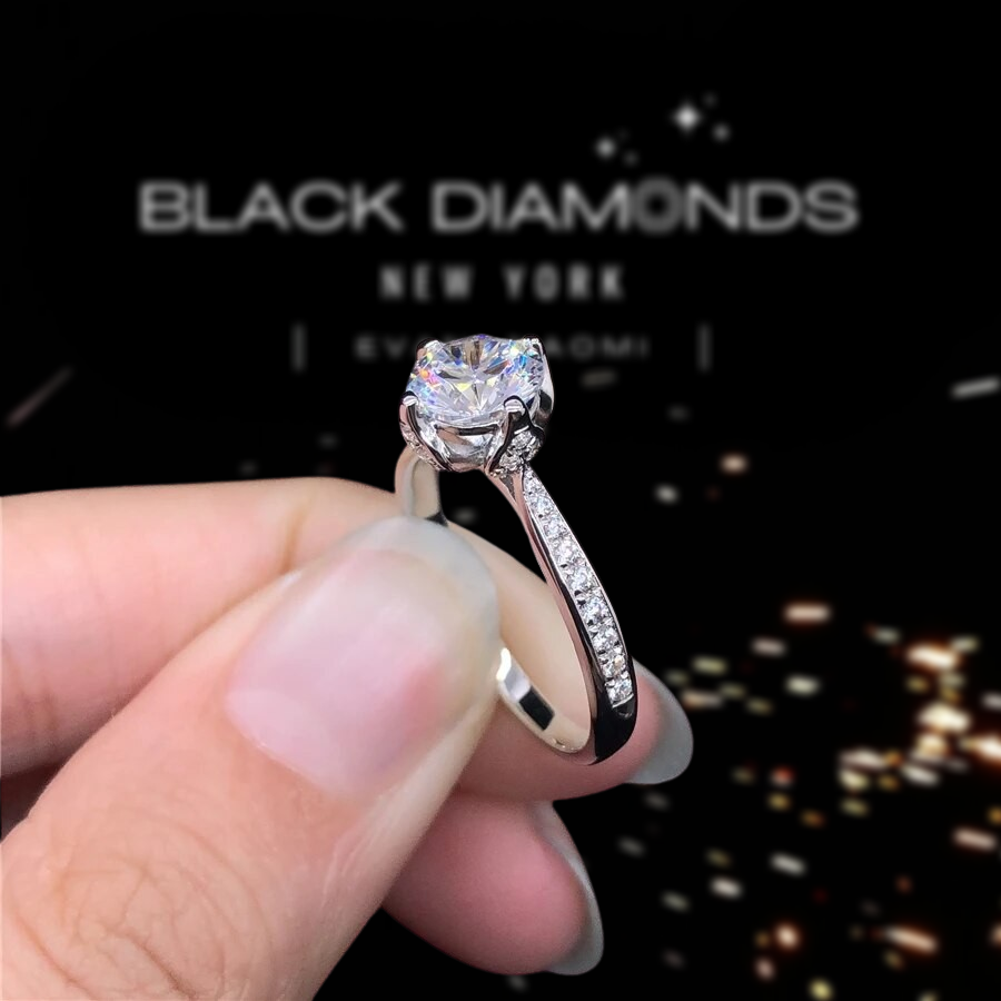 18k White Gold 1.0 Ct Round Moissanite Engagement Ring-Black Diamonds New York