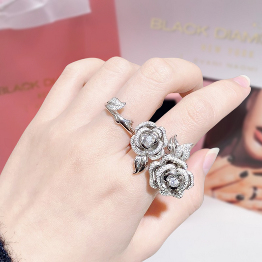 1.91 Ctw Round Diamond Camellia Flower Double Ring-Black Diamonds New York