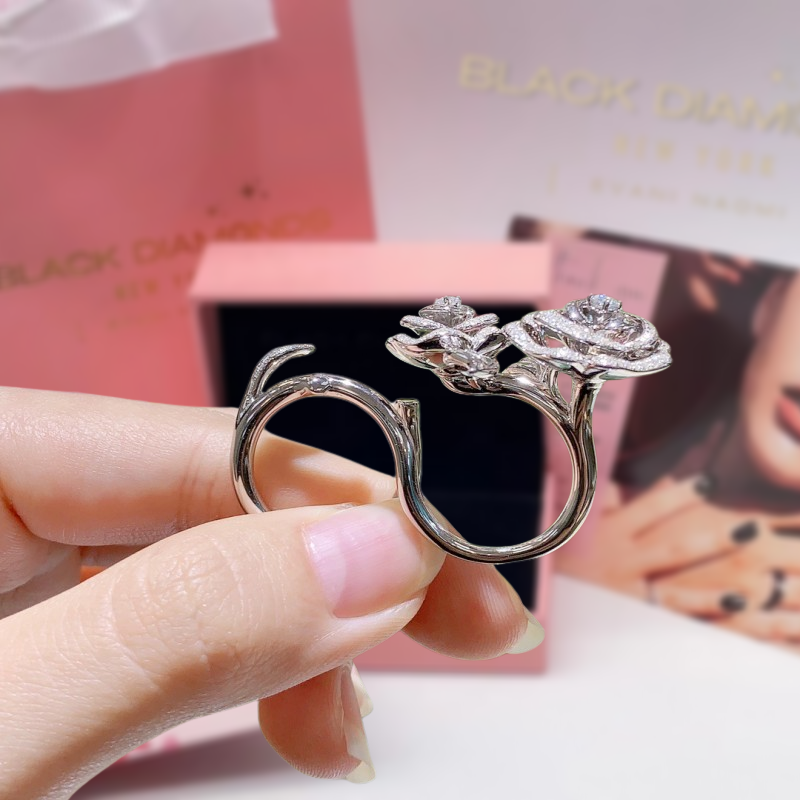 1.91 Ctw Round Moissanite Diamond Camellia Flower Double Ring-Black Diamonds New York