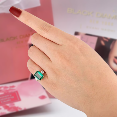 Solid 14K Yellow Gold Emerald Cut Engagement Ring with Diamond-Black Diamonds New York