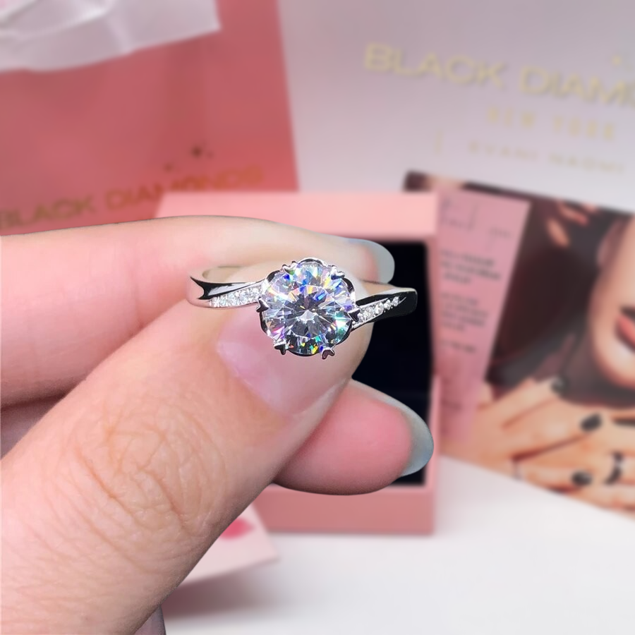 Solid 14K White Gold 1.0 Ct Round Moissanite Engagement Ring-Black Diamonds New York