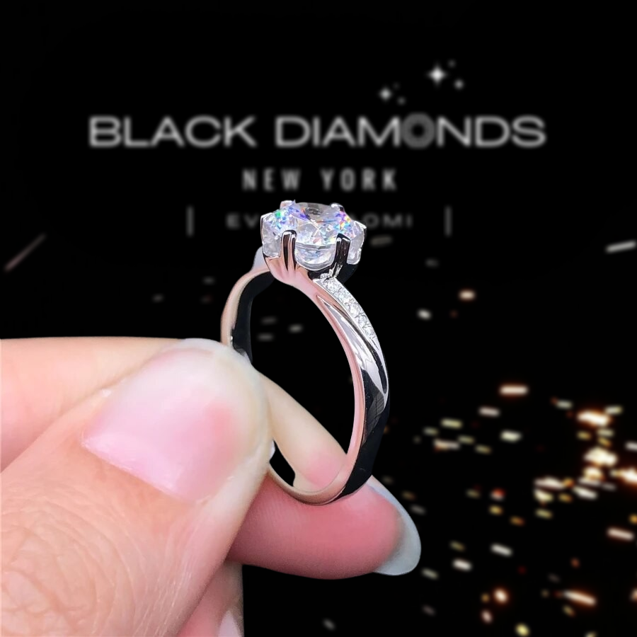 Solid 14K White Gold 1.0 Ct Round Moissanite Engagement Ring-Black Diamonds New York