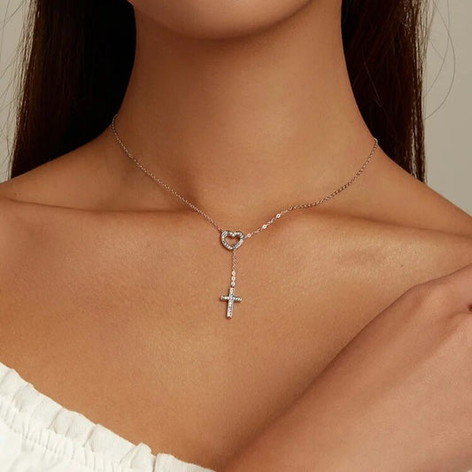 Multi Color Diamond Heart & Cross Pendant Necklace-Black Diamonds New York