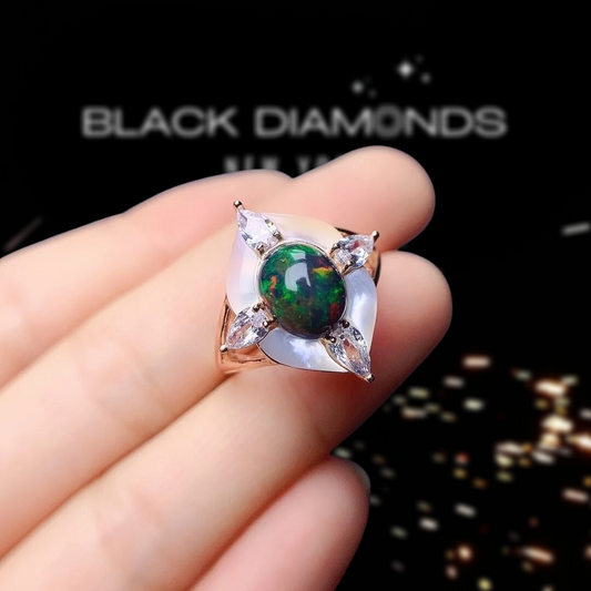 Oval Cut Natural Black Opal Engagement Ring-Black Diamonds New York