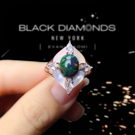 Oval Cut Natural Black Opal Engagement Ring-Black Diamonds New York