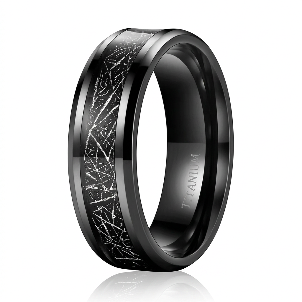 Black Beveled Titanium Wedding Band with Silk Inlay-Black Diamonds New York