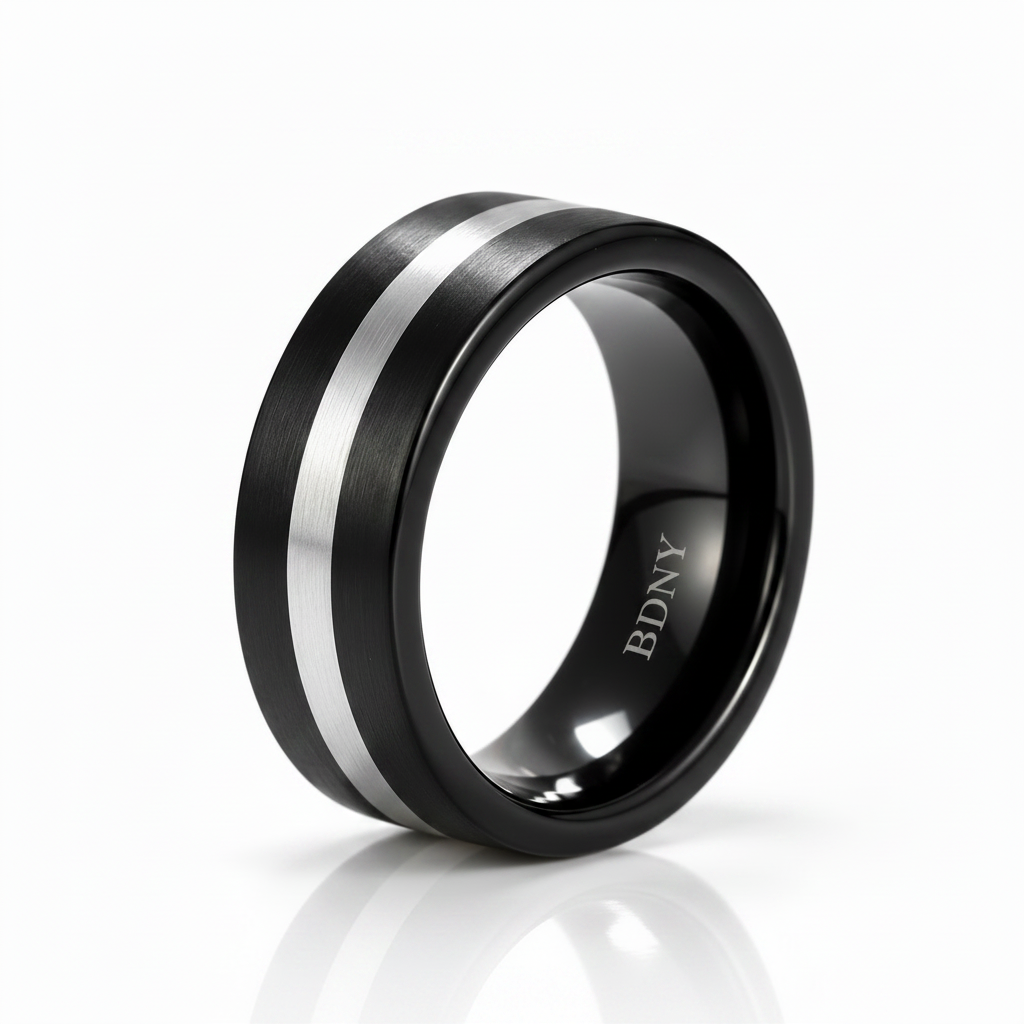 Black Brushed with Silver Line Tungsten Men's Ring-Black Diamonds New York