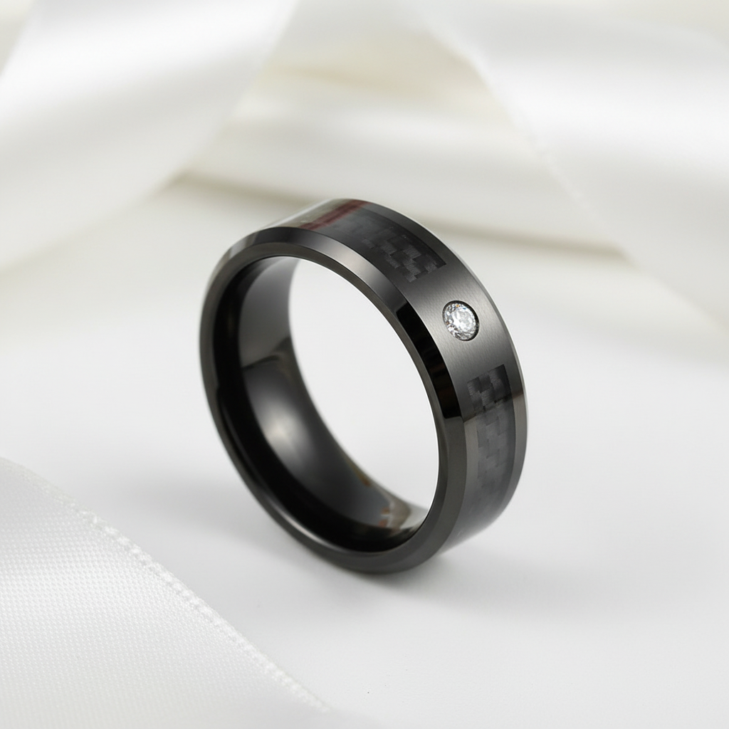Black Carbon Fiber Oblique Angle Electroplated Tungsten Wedding Band-Black Diamonds New York