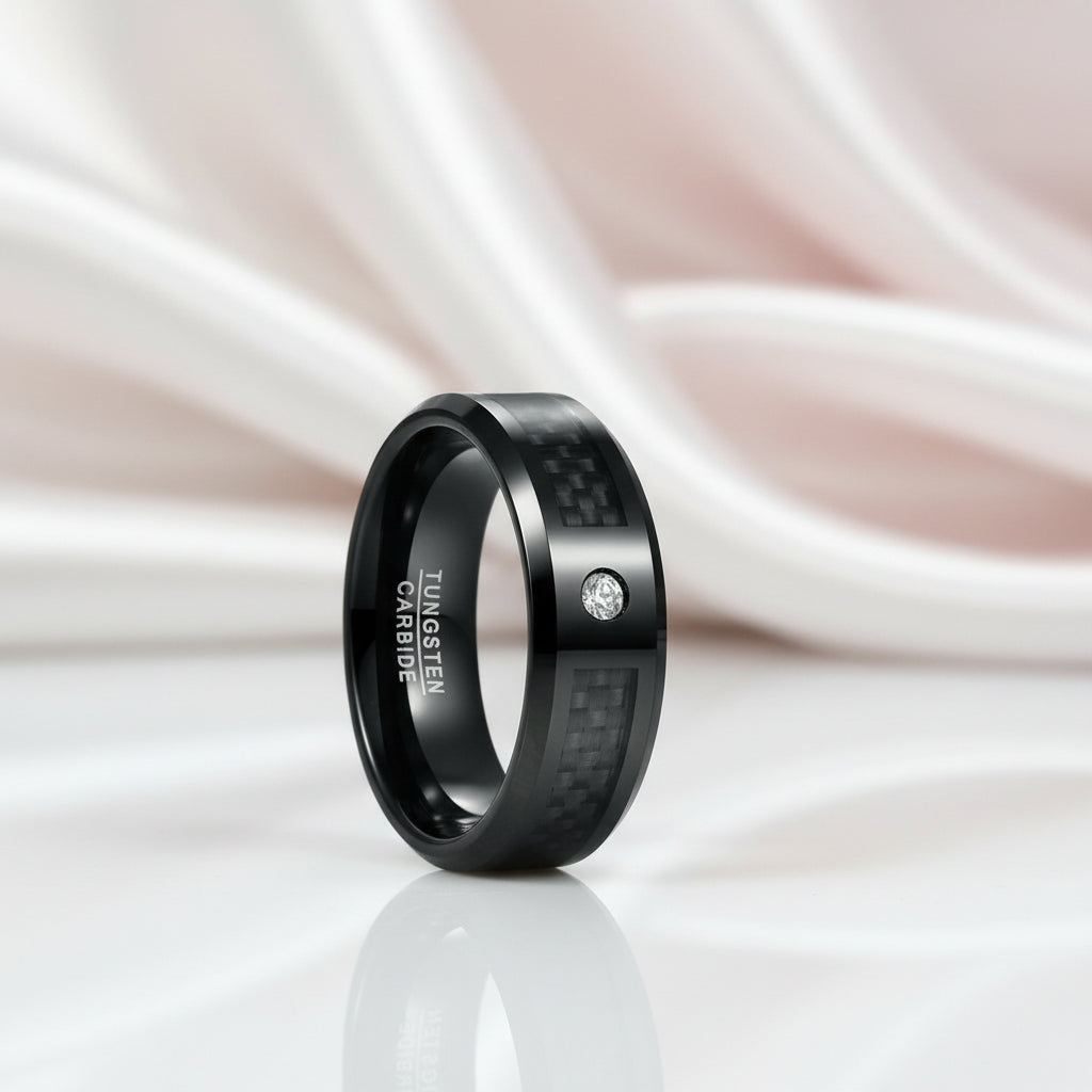 Black Carbon Fiber Oblique Angle Electroplated Tungsten Wedding Band-Black Diamonds New York