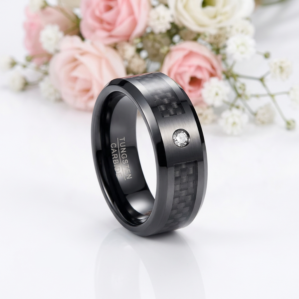 Black Carbon Fiber Oblique Angle Electroplated Tungsten Wedding Band-Black Diamonds New York