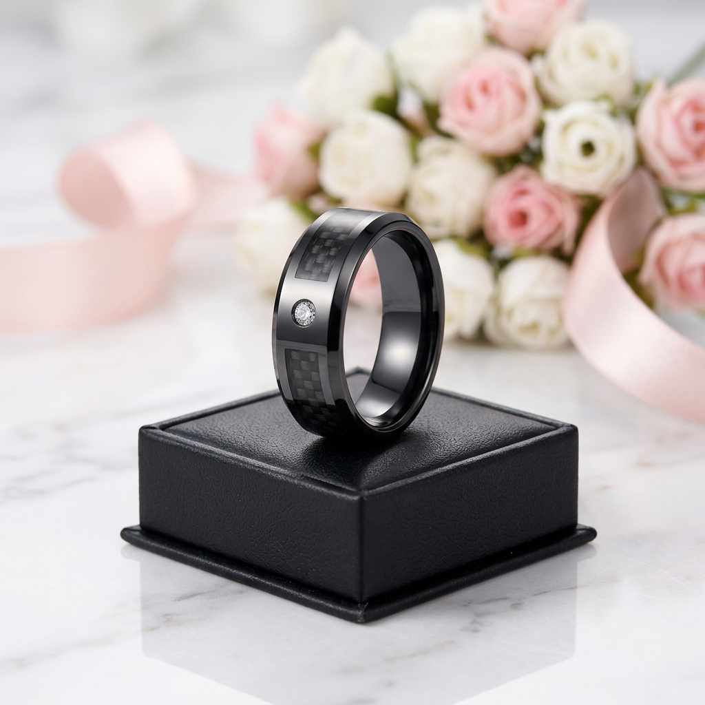 Black Carbon Fiber Oblique Angle Electroplated Tungsten Wedding Band-Black Diamonds New York