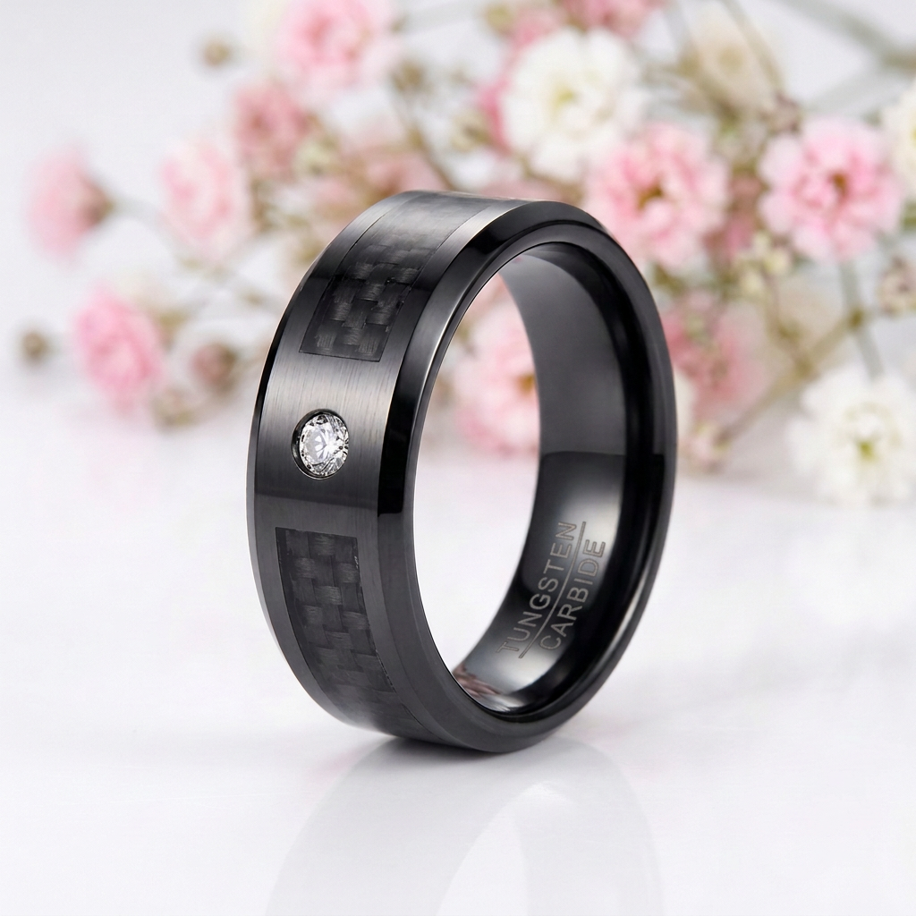 Black Carbon Fiber Oblique Angle Electroplated Tungsten Wedding Band-Black Diamonds New York